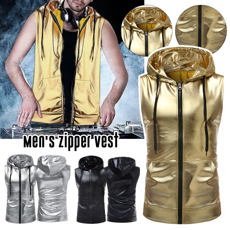 2024 Shiny Gold Coated Metallic Tank Top Men Fashion Hip Hop Sleeveless Hoodie Tank Men Nightclub Party Dance Zipper Tops Tee