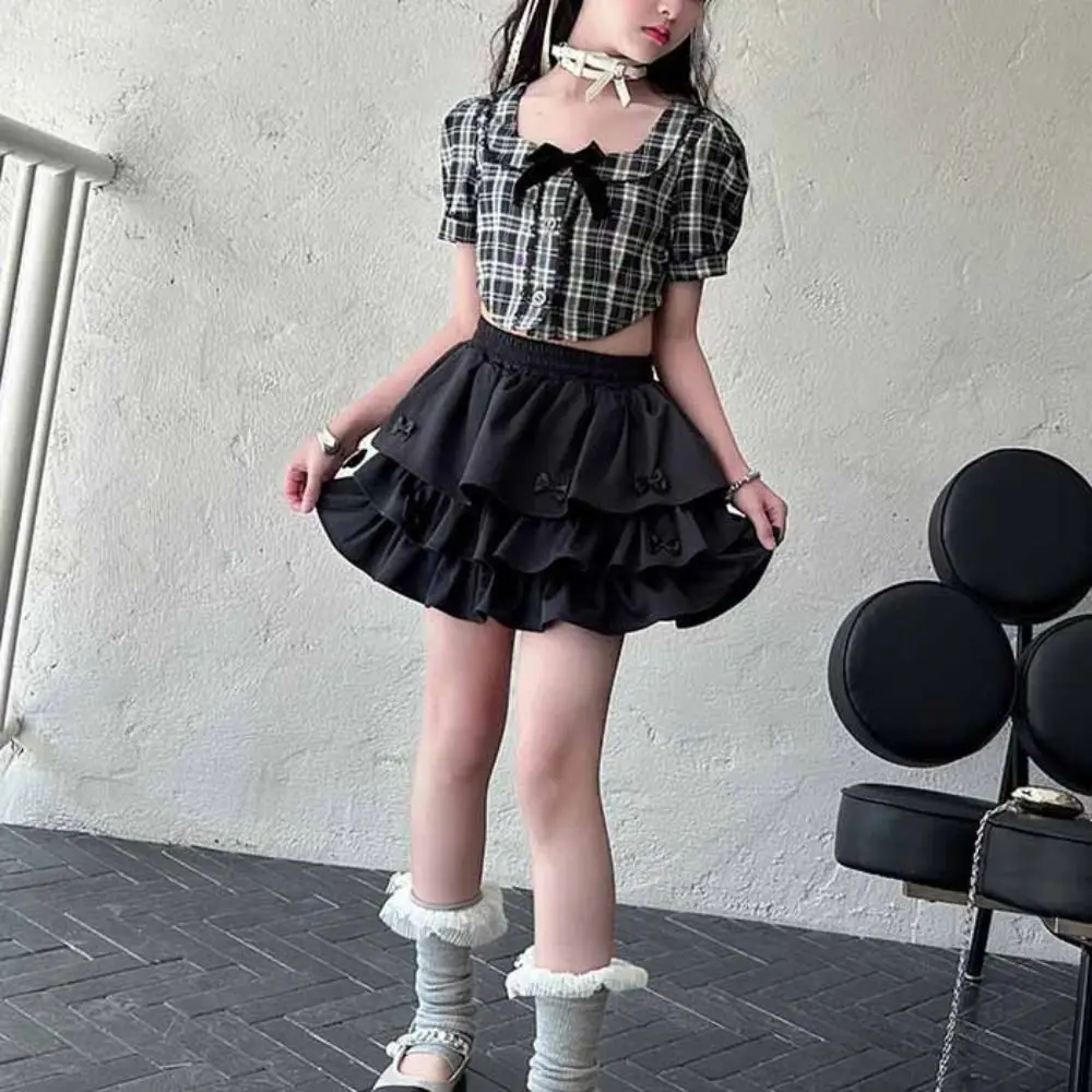 

Cake Dress Sweet Girls Wear Suit Short Sleeve Party T-shirt Plaid Skirt Set Teens Preppy Style Costume Children Summer Clothes