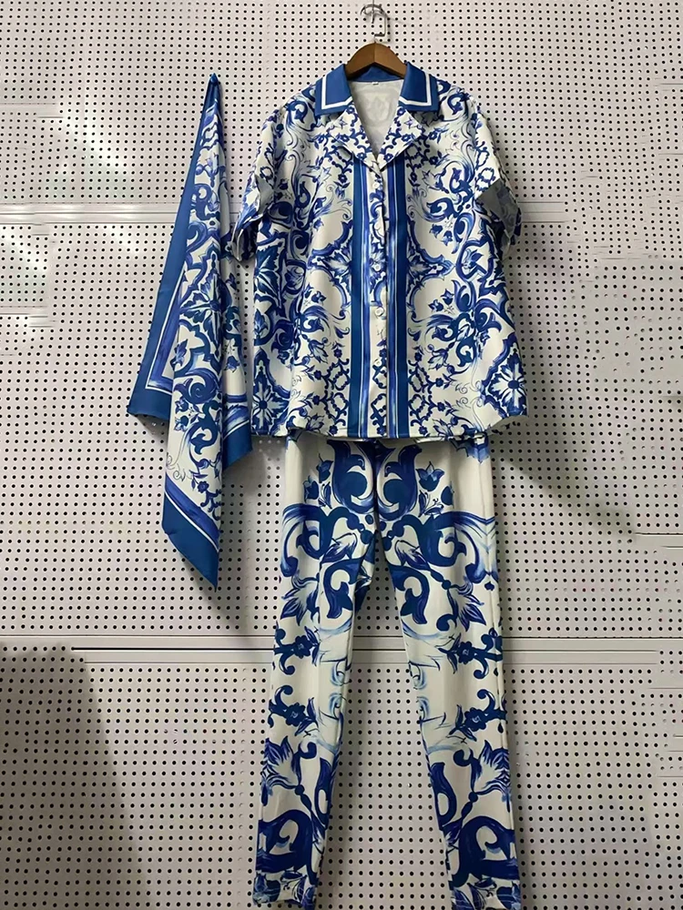 

2025 Summer Women's Retro Geometric Printed Pajama Shirt Two Piece Set+Elastic Knitted Tight Nine Leg Pants Set+Silk Scarf