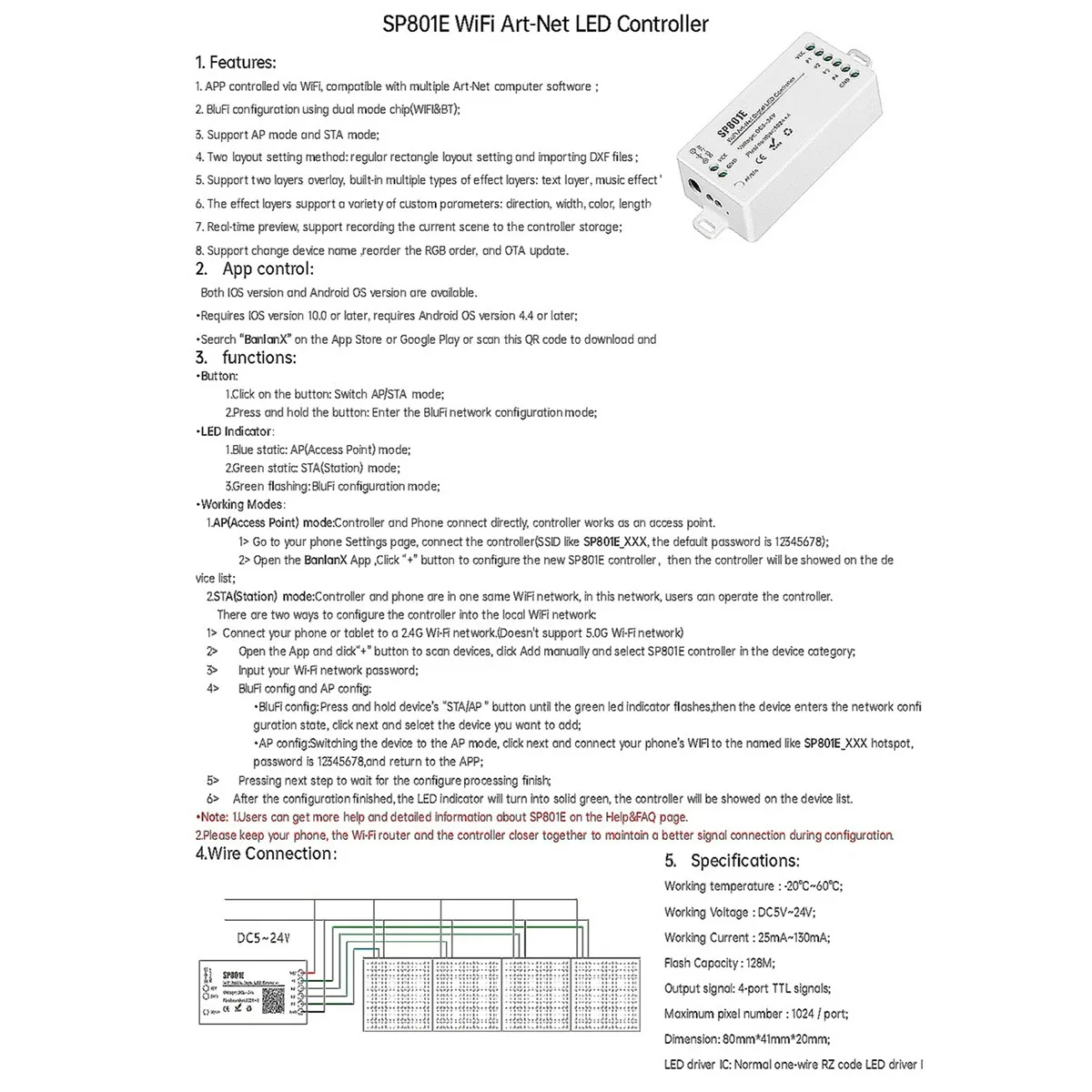 SP801E WIFI Phantom Controller Bluetooth Wifi Dual Mode Prostokątny kontroler efektów świetlnych