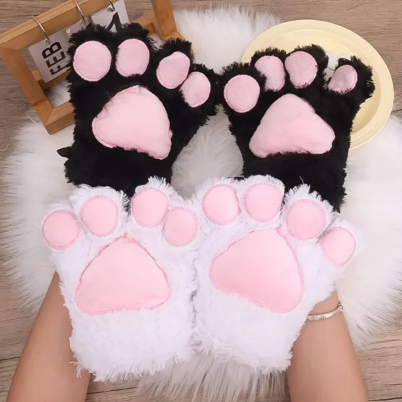 Cute Fluffy Bear Cat Paw Gloves Fluffy Plush Cartoon Animal Anime Lolita Cosplay Mitten Women Winter Warm Fingerless Gloves