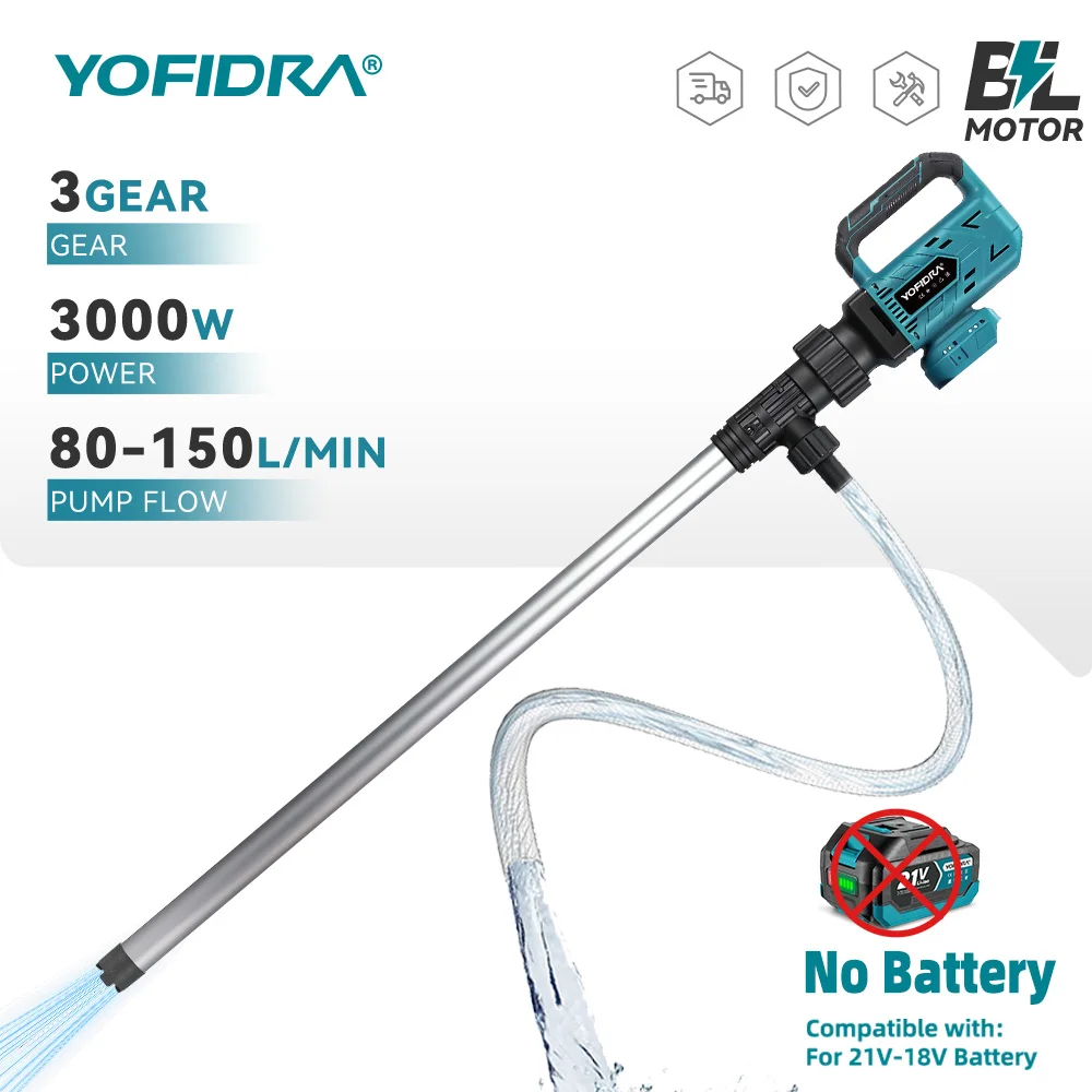 

YOFIDRA 3000W 80-150L/Min Brushless Stick Water Transfer Pump Cordless Deep Well Submersible Pump For Makita 18V Battery Pin