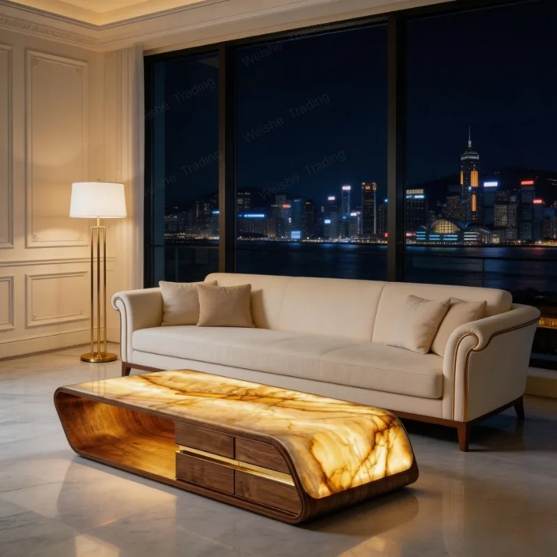 Italian light  luminous luxury stone coffee table living room, square modern,  stone light luxury villa