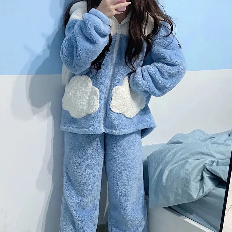 Sanrio Cinnamoroll Hooded 2 Pcs Pyjama Sets For Women Zipper Warm Cotton Plush Thickened Winter Long Pajamas Girl Homewear