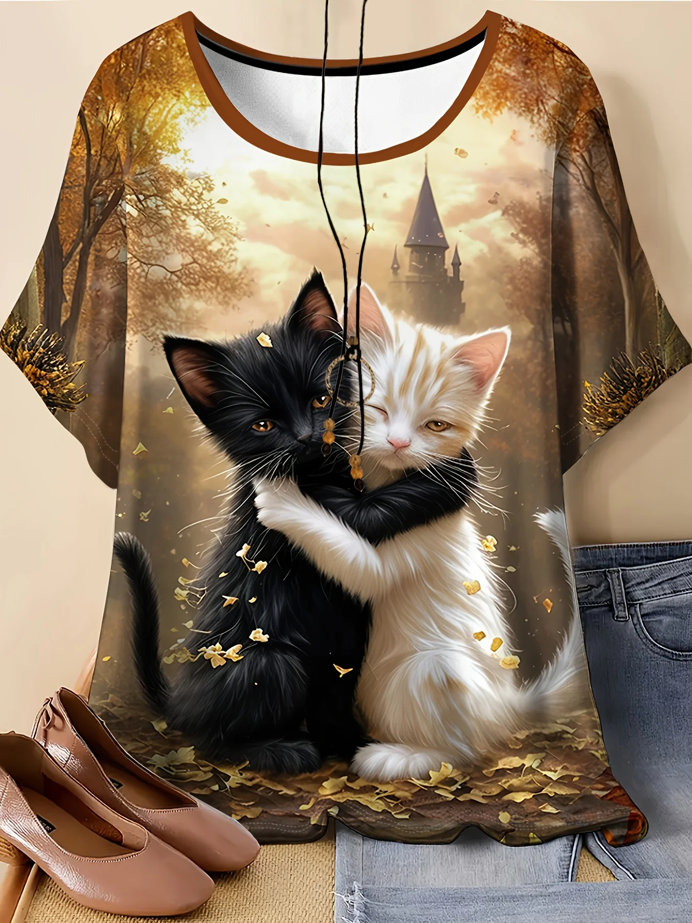 Women Casual T-shirt Cute Hugging Black White Cats Autumn Forest Castle Leaf Print Crewneck Short Sleeve Tops