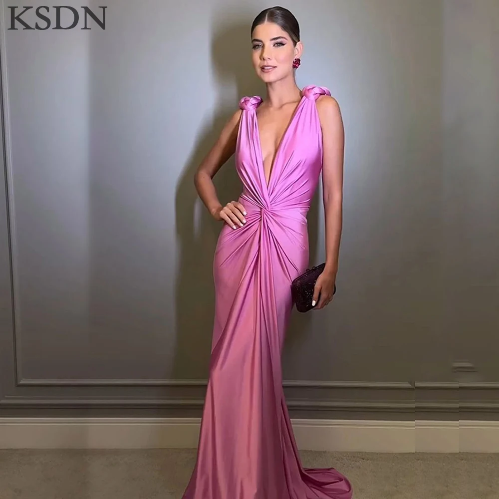 

KSDN Sexy V-Neck Sleeveless Evening Dresses Customzied Pleat Chapel Train Mermaid Formal Occasion Elegant Women Dress Vestidos