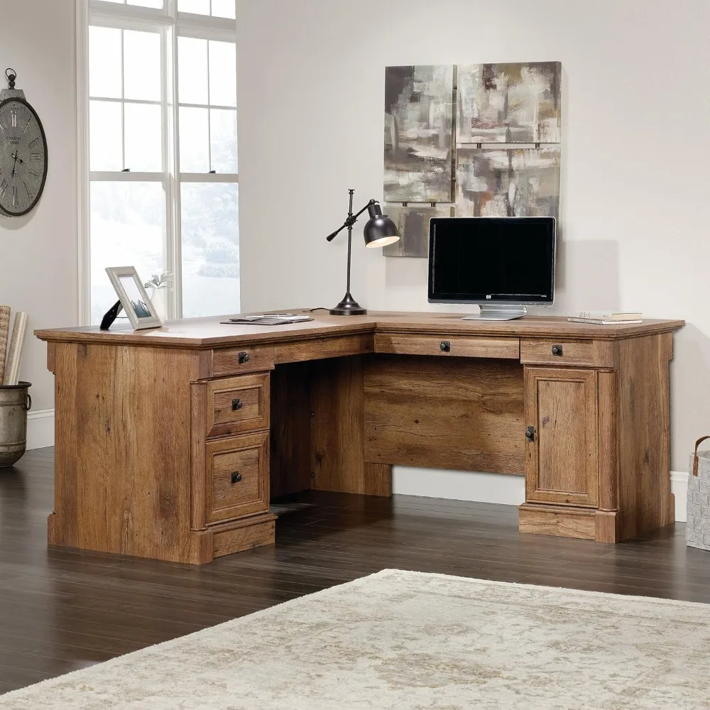 

Shaped Desk with Drawers, Office Desk with File Cabinet Storage, Cable Management, Keyboard Tray, in Vintage Oak Finish