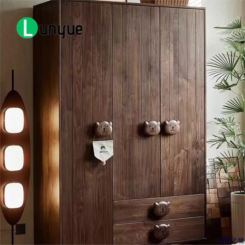 North American Black Walnut Solid Wood Children Wardrobe Cherry Wood Combo Bear Design Locker for Kids Room Storage Furniture