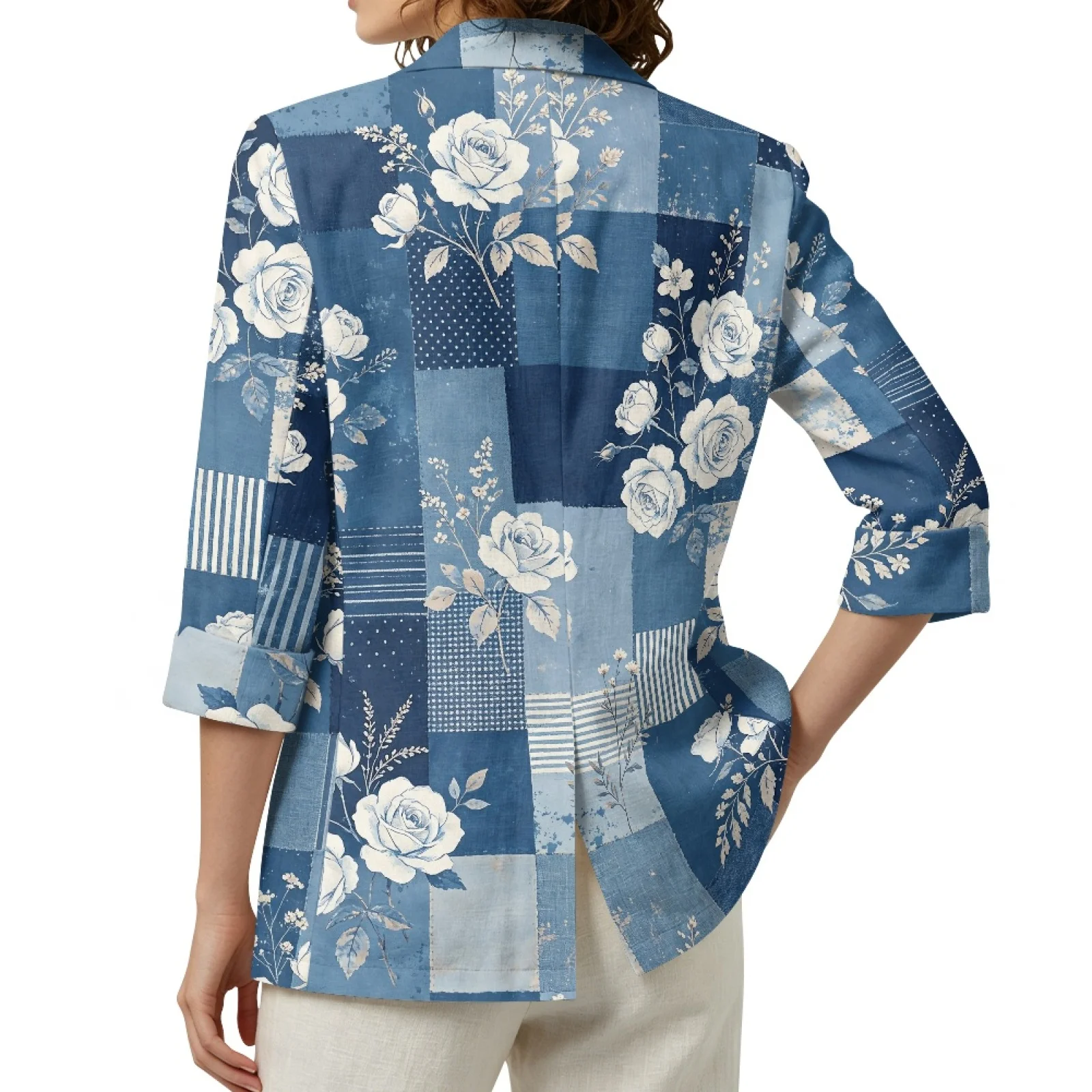 PENSTROLL Blue Rose Patchwork Linen Style Thin Coat Open Front Jacket for Women Loose Beach Coverups view 2