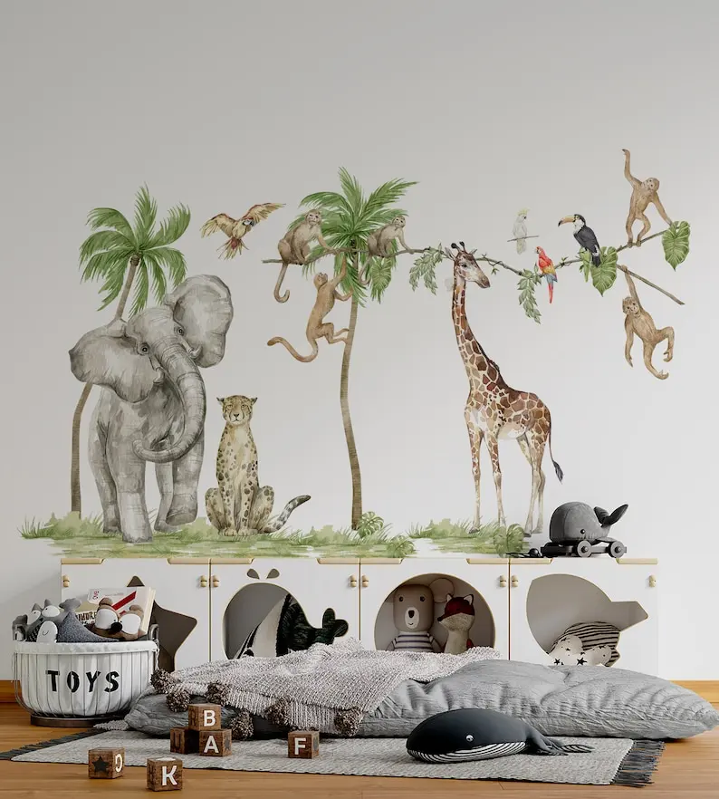 Safari Wall Decal Big Set, savanna Wall decal for kids, safari nursery decor, giraffe wall decal, elephant stickers, monkey stic