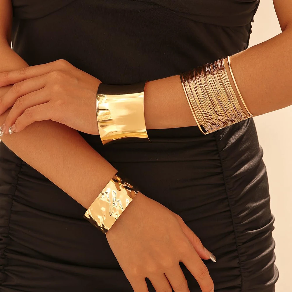 Jardme 3PCS Chunky Gold Cuff Bracelets for Women Irregular Minimalist Statement Bangle Bracelets Set Upper Arm Cuff Punk Jewelry