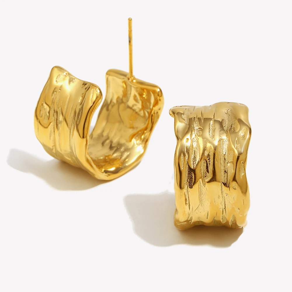 E.B.belle 2024Trendy Tin Foil Wide Gold Plated Hoop Earrings For Women Titanium Steel Ladies Minimalist Basic Gold Hoops Jewelry