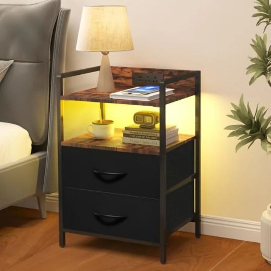 

Night Stand with Charging Station LED Nightstand with Storage 2 Shelfs and 2 Fabric Drawers Morden End Table with U-S-B Ports a