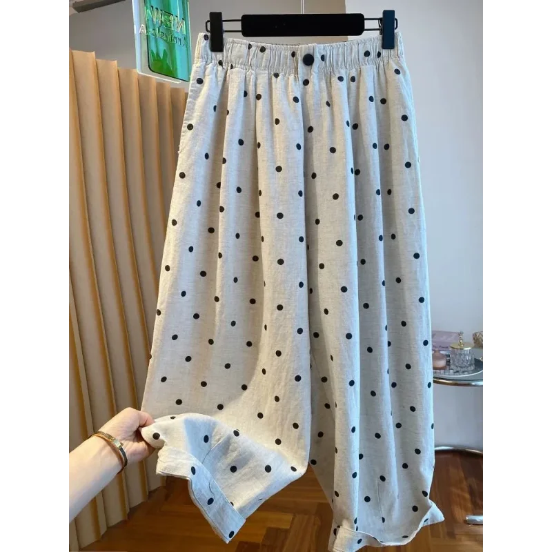 

Женские брюки-палаццо в горошек с широкими штанинами, на резинке с завязками, повседневные, легкие, дышащие, с отворотами, для дома и отдыха