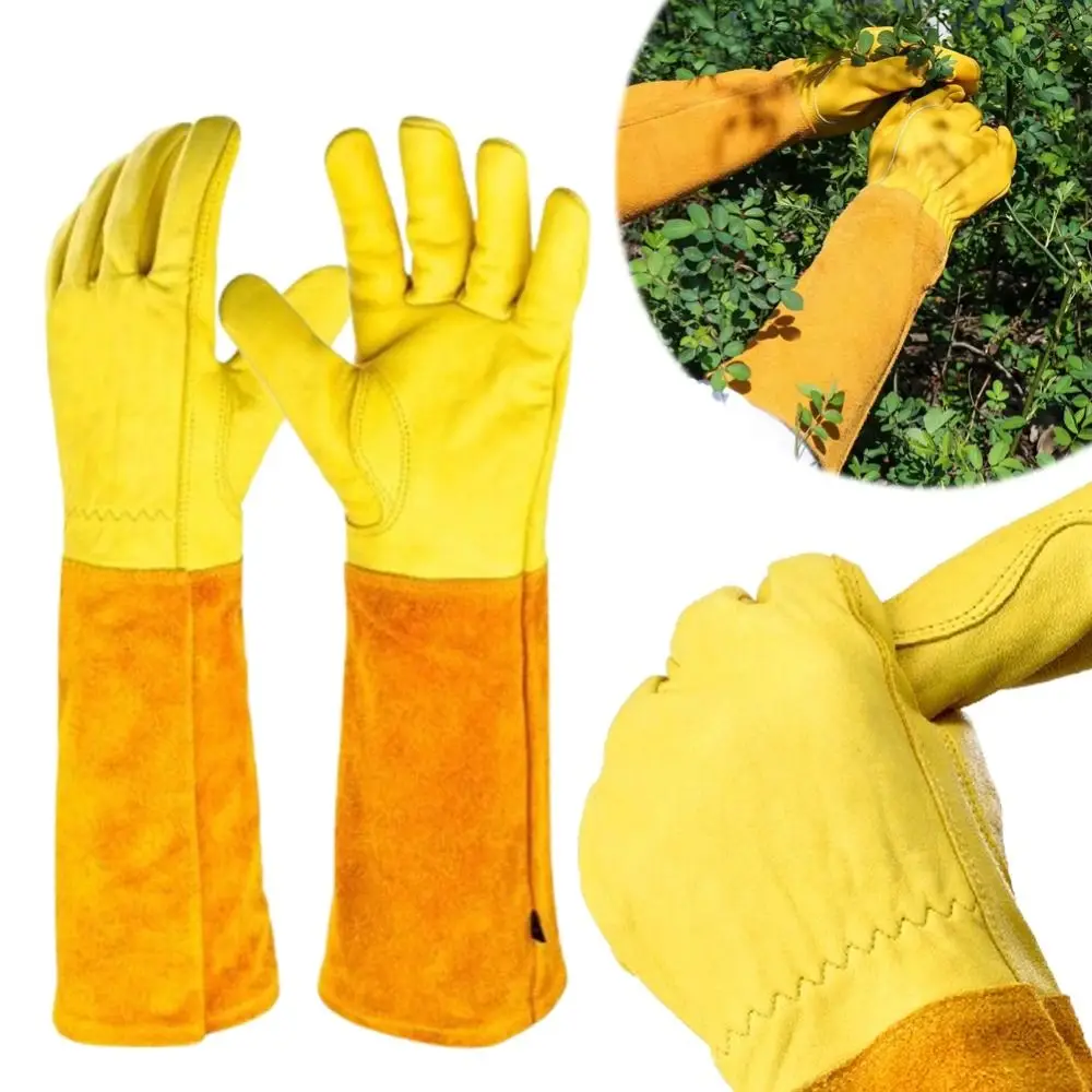 1pair Long Sleeve Gardening Gloves Wear-resisting Anti Stab Winter Thermal Gloves Leather Non-slip Outdoor Work Gloves Worker