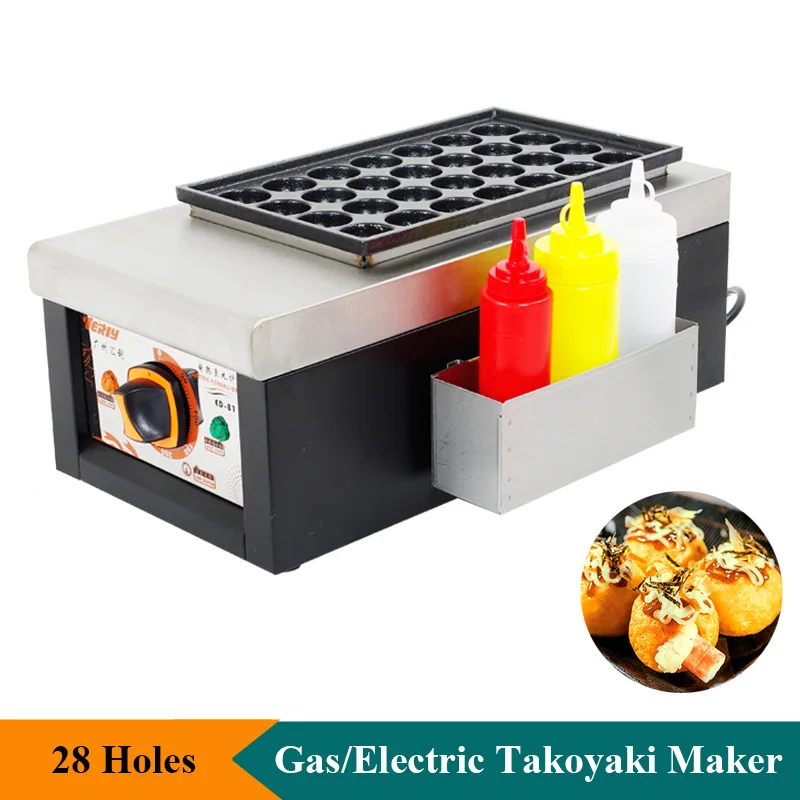 Mesin pembuat Takoyaki komersial 28 lubang mesin pembuat wafel elektrik/Gas anti lengket 40MM mesin pembuat bola ikan bulat