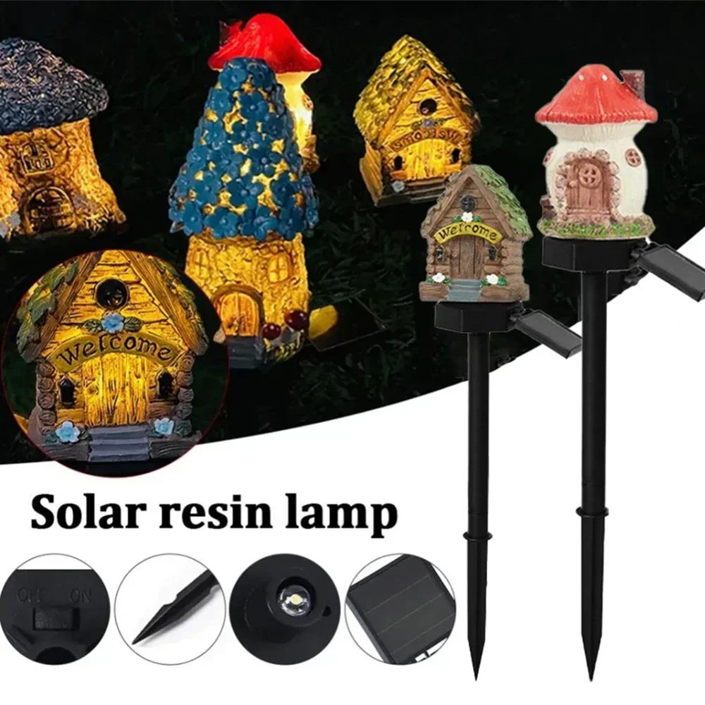 Creative Solar Resin Mushroom House Light Outdoor Waterproof LED Cartoon Ground Plug Light Garden Decoration Lawn Landscape Lamp