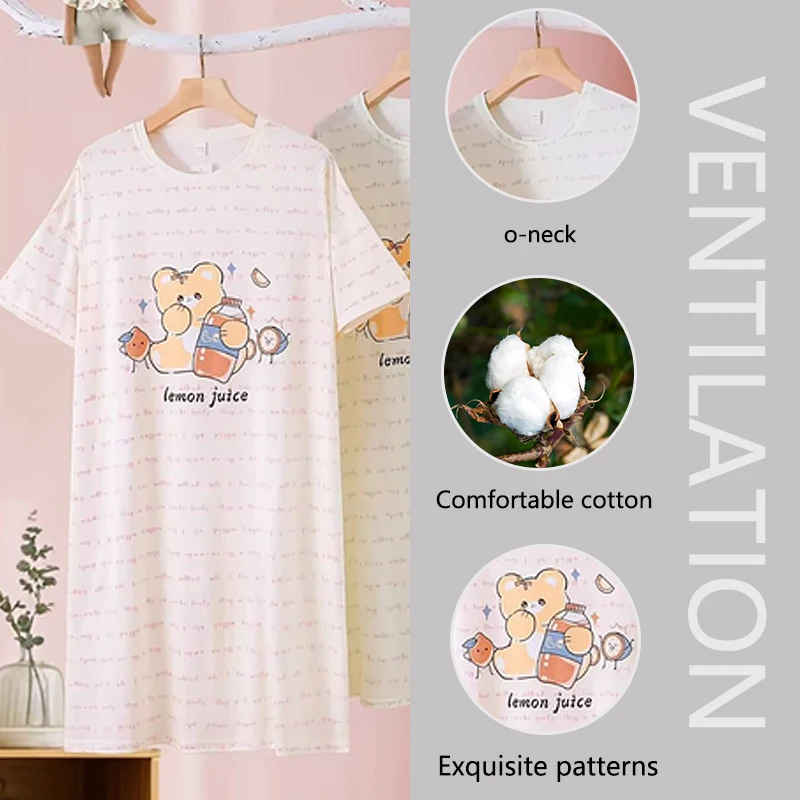 فستان من نسيج القطن بيجامة صيفية لطيفة النسخة الكورية فستان نوم بأكمام قصيرة متوسط الطول للسيدات ملابس نوم صيفية حلوة