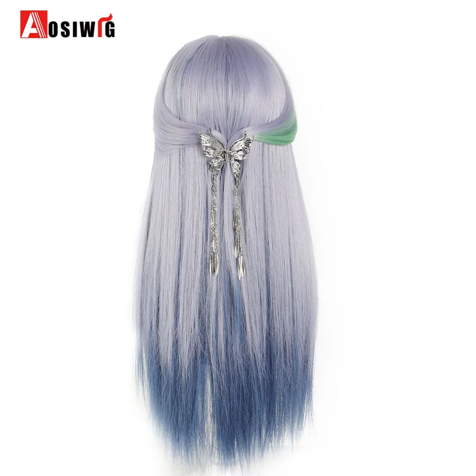 Y2K peruca sintética Lolita cosplay para mulheres, cabelo azul verde, festa cosplay, perucas retas longas, franja tingida destaque