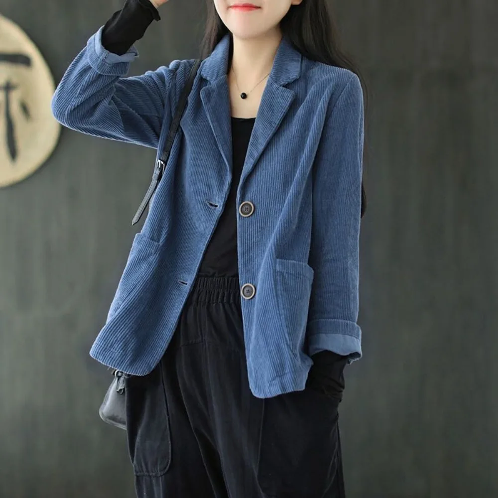 Damen Cord Blazer neue Frühling Herbst Cord Jacke Mantel Retro einreihig lässig blau Anzug Oberbekleidung Tops weiblich