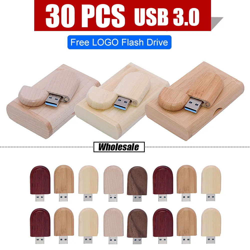 30pcs USB 3.0 wooden Box pen drive Free custom logo USB Flash Drive Bamboo Pendrive Wedding gift Memory stick 128GB 32GB 64GB