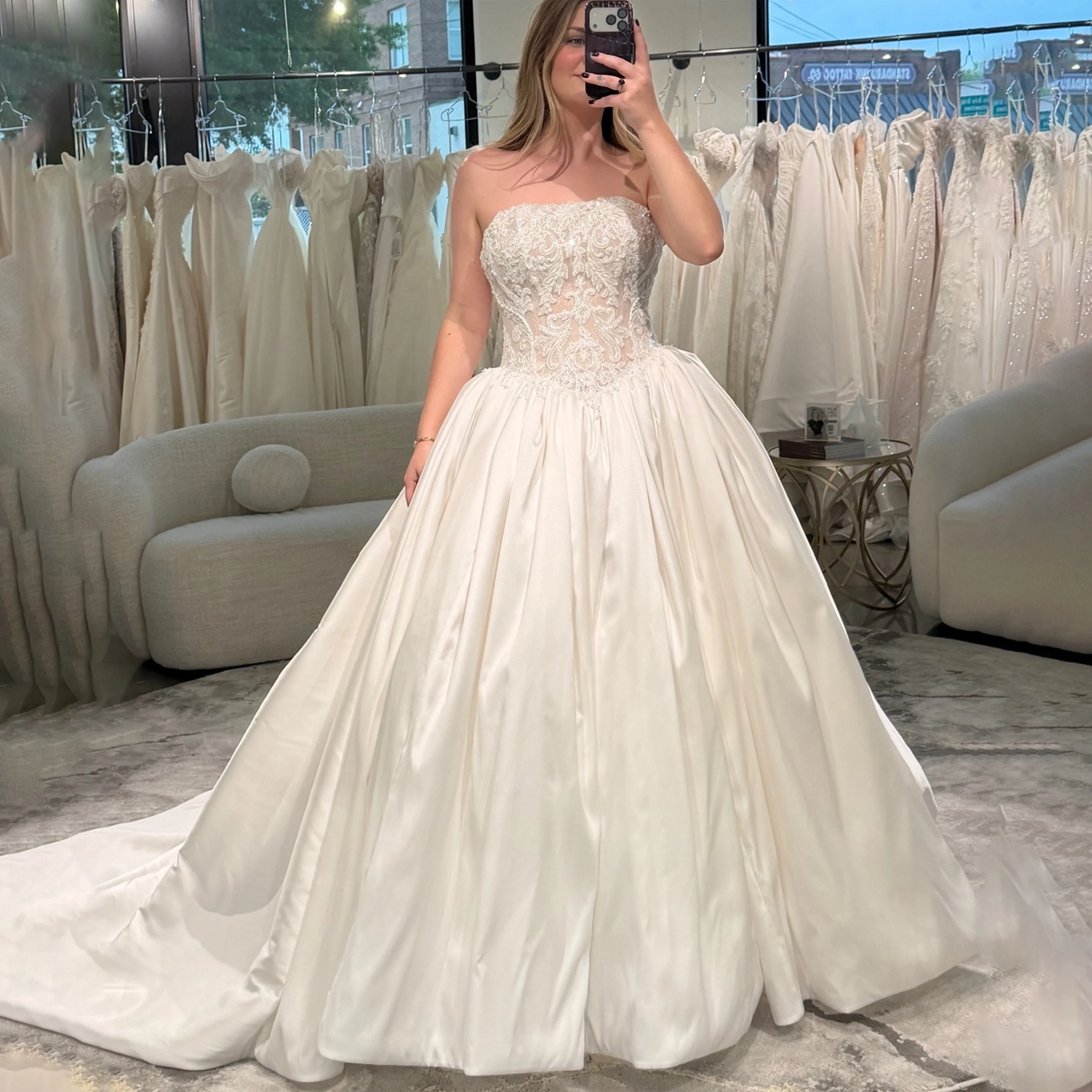 Vestidos de novia con apliques de encaje, sin mangas, corte A, sin tirantes, vestido de novia de satén, vestido de novia civil, vestido de novia 2026, personalizado