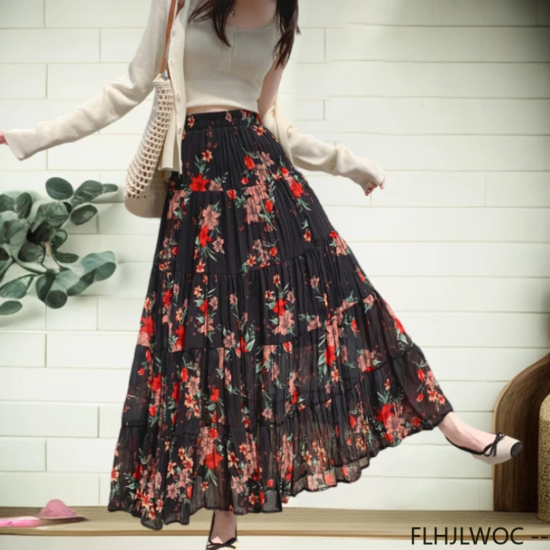 

Rural village Summer Holiday Skirts Hot Korean Japan Style Date Girls Floral Print Black Chiffon High Elastic Waist Skirt Long