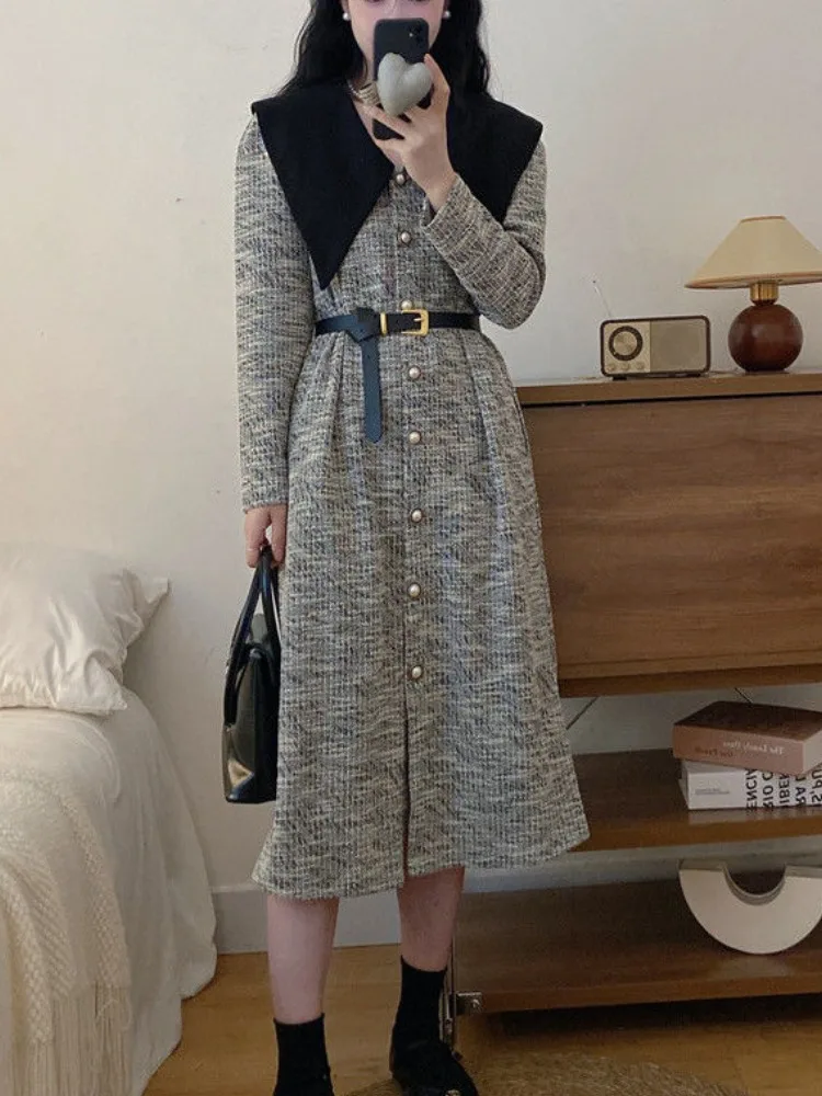 French Small Fragrance Long Sleeve Dress Woman with Belt Elegant Temperament Vestidos 2024 Spring Korean Chic Lapel Dresses