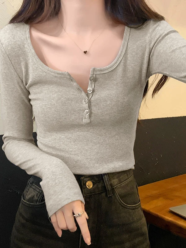 スリムフィット ロングスリーブTシャツ レディース ベースシャツ 秋 ファッション 新作 スリムフィット オープンカラー スパイシーガール リブ編み ボタンアップトップ