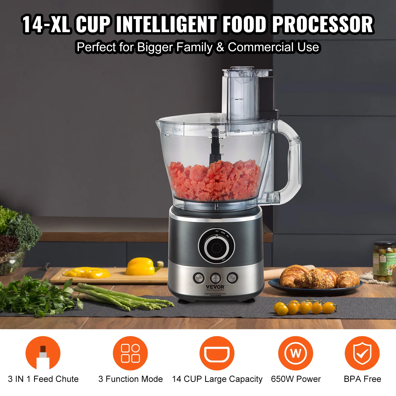 VEVOR Food Processor 14-Cup Vegetable Chopper for Chopping Mixing Slicing and Kneading Dough Professional Electric Food Chopper