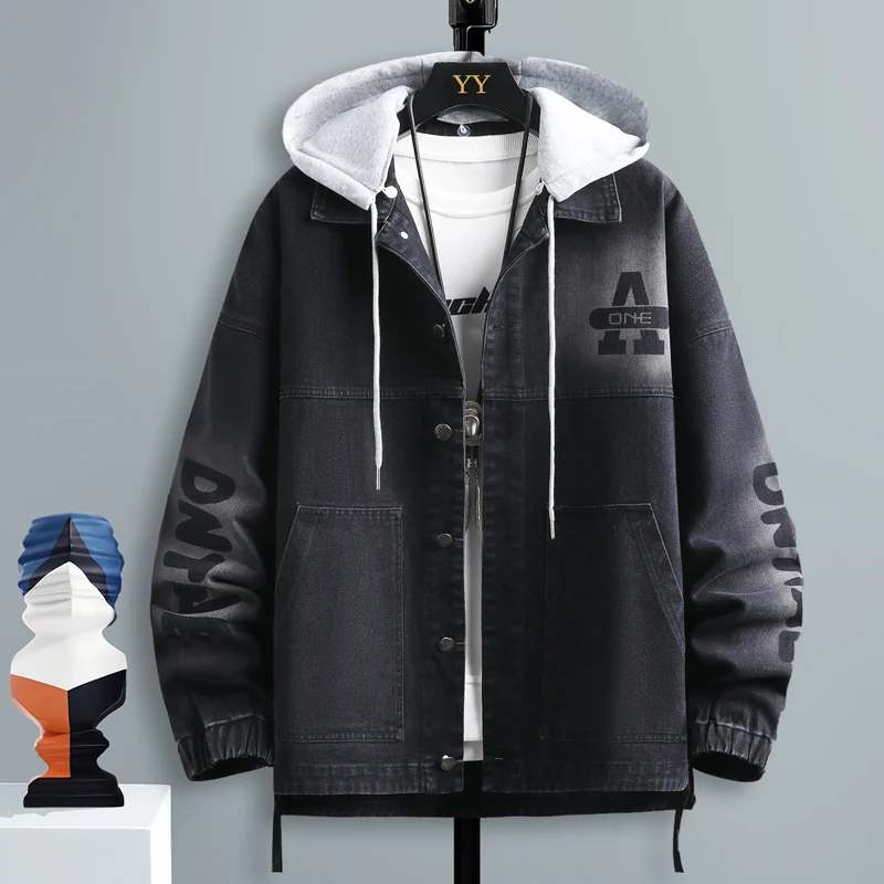 

Loose Men's Denim Jaet Spring Autumn Hooded Patchwork Color Workwear Coat Casual ort Sle Youthful Resistant to Wrinkles