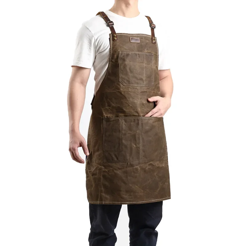 Durable Work Shop Tool Apron Heavy Duty Waxed Canvas Aprons Waterproof Adjustable Cross-Back Straps With Tool Pockets Unisex