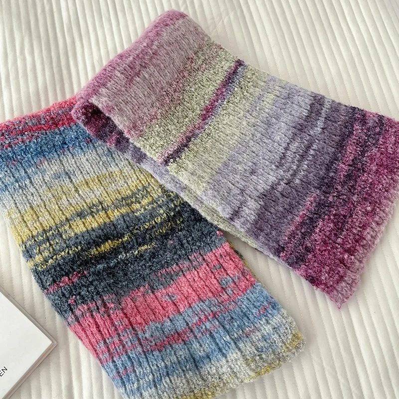 Retro oil painting gradual change color knitted scarf girls high sense autumn and winter thickened warm wool scarf scarf