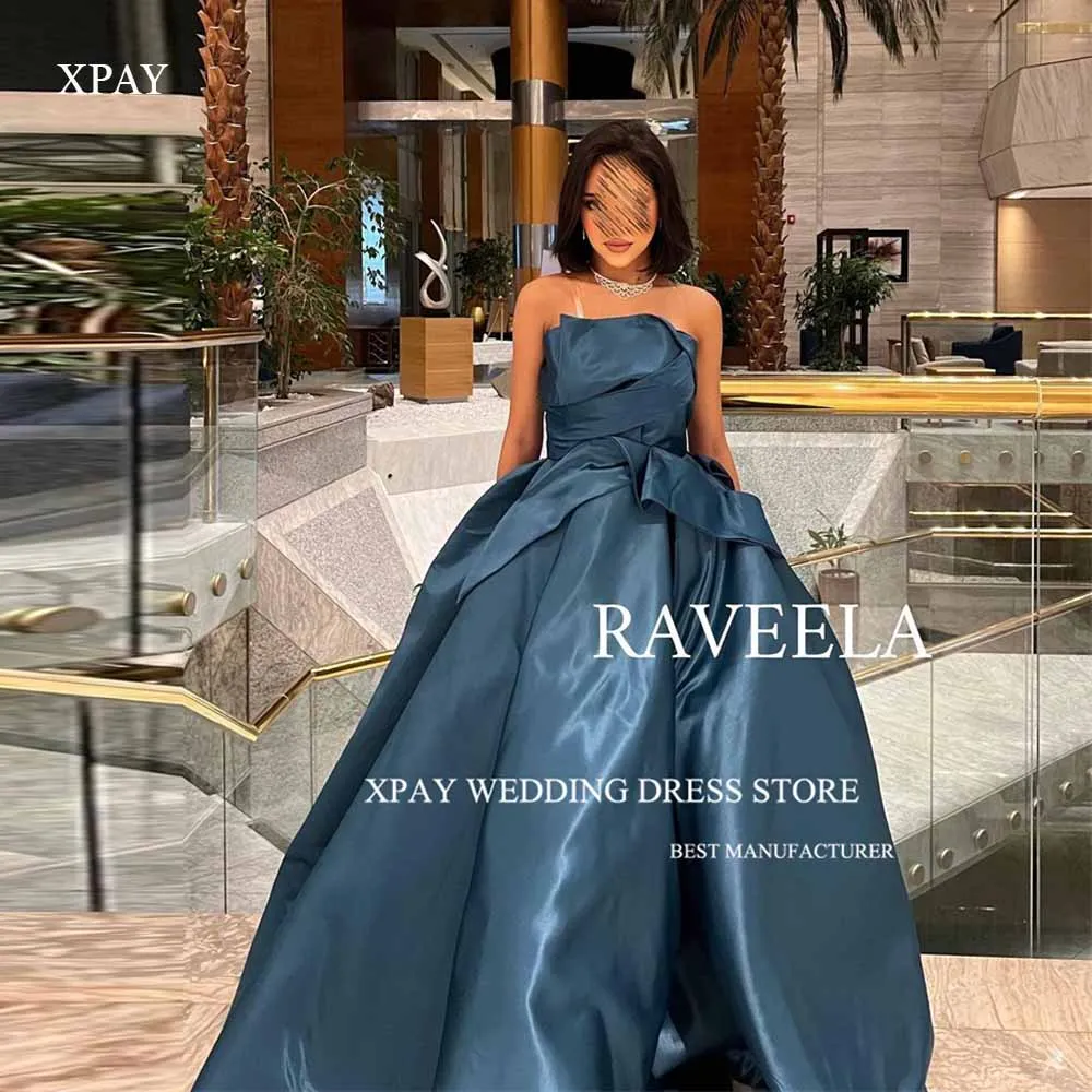 

XPAY Dusty Blue A Line Shiny Taffeta Evening Dresses Strapless Floor Length Formal Party Prom Gowns Formal Occasion Dress