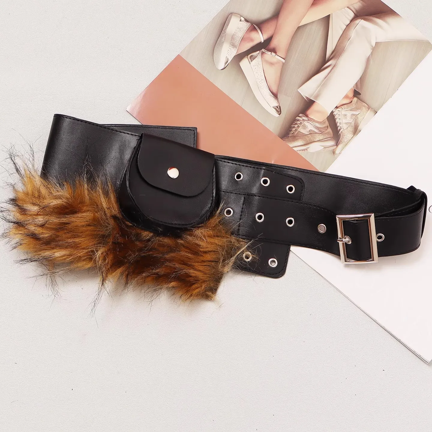 フェイクファー PU レザーベルト女性のヴィンテージポケットカマーバンド女性ドレスコルセットウエストバンドベルト装飾ワイドベルト R3024