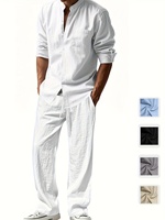 Men'S Casual Linen Long Sleeve Crew Neck Pants Set Breathable Loose Fit with Pockets for All Seasons