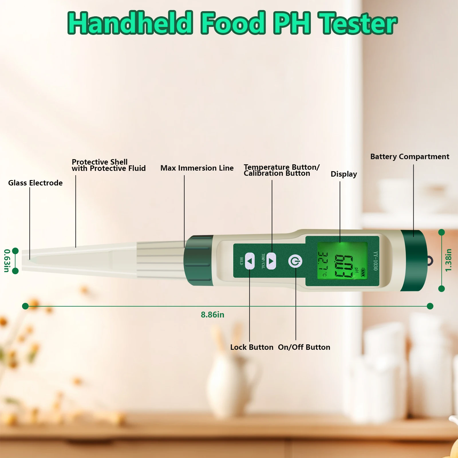 YY1030 PH Tester Dough Alkalinity Meter Fruit Cheese Cosmetics Food PH Meter 0.00-14.00 Soil Matrix PH Detector Temperature