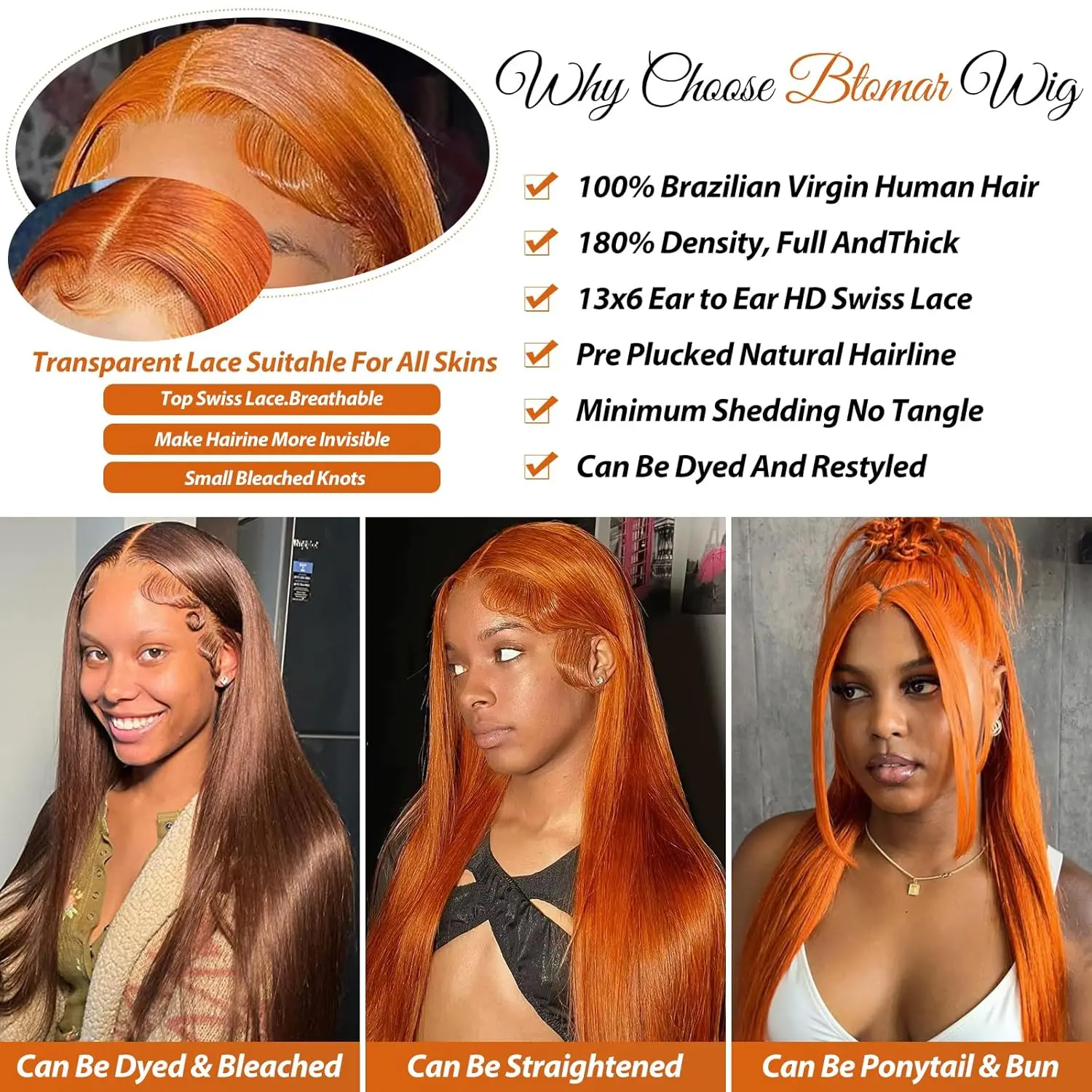 Ginger Wig Human Hair Straight 13X6 Lace Front Human Hair Wigs Pre Plucked 350# Colored HD Lace Frontal Wig Human Hair For Women image 2