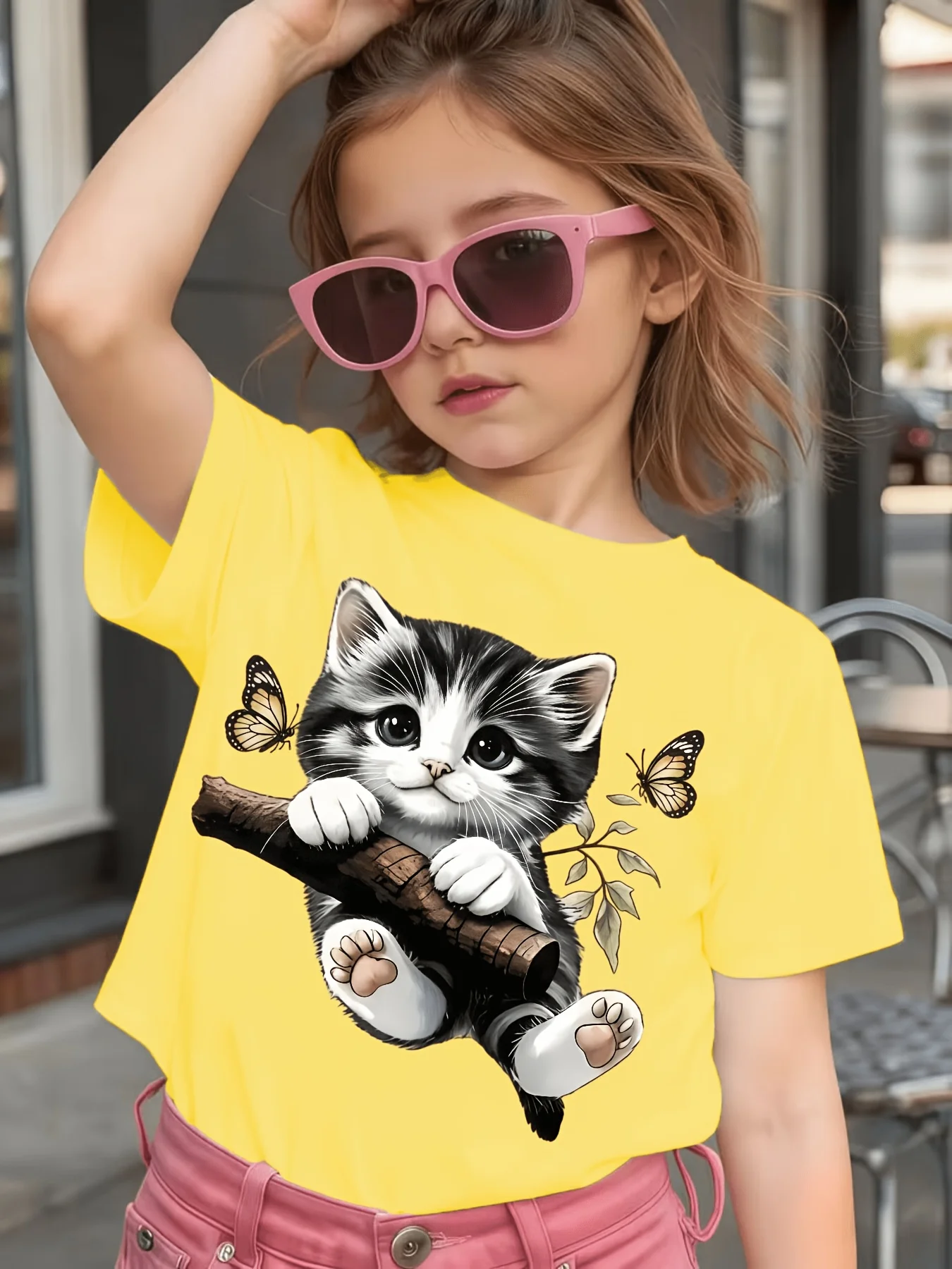 Branch Kitten Butterfly Kids T Shirt Lovely Pattern Boys Girls Parent Child Matching Cotton Summer Casual Short Sleeve Clothes