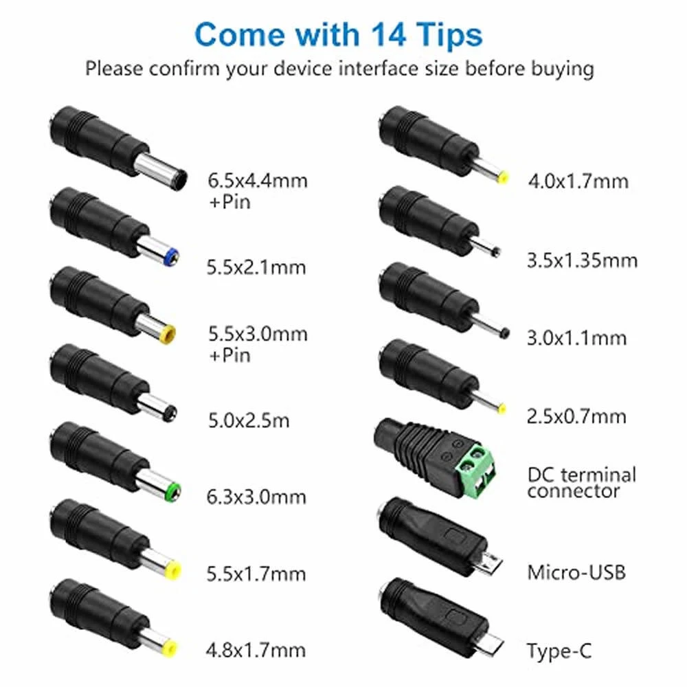 Universal USB to 5V DC Power Cord Switch Charging Cable 5.5x2.1mm Jack With14 Interchangeable Plug Adapter Micro USB Type-C