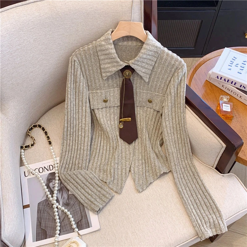 غير النظامية طويلة الأكمام الرقبة الكورية بلوزات قصيرة ربيع الخريف جديد الصلبة شارع العليا تي شيرت موضة ملابس النساء غير رسمية