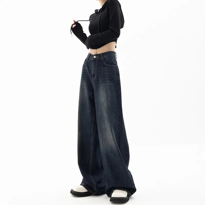 Jean Vintage Bleu à Jambes Larges pour Femme Pantalon Streetwear en Denim, Taille Haute, Vêtements Harajuku