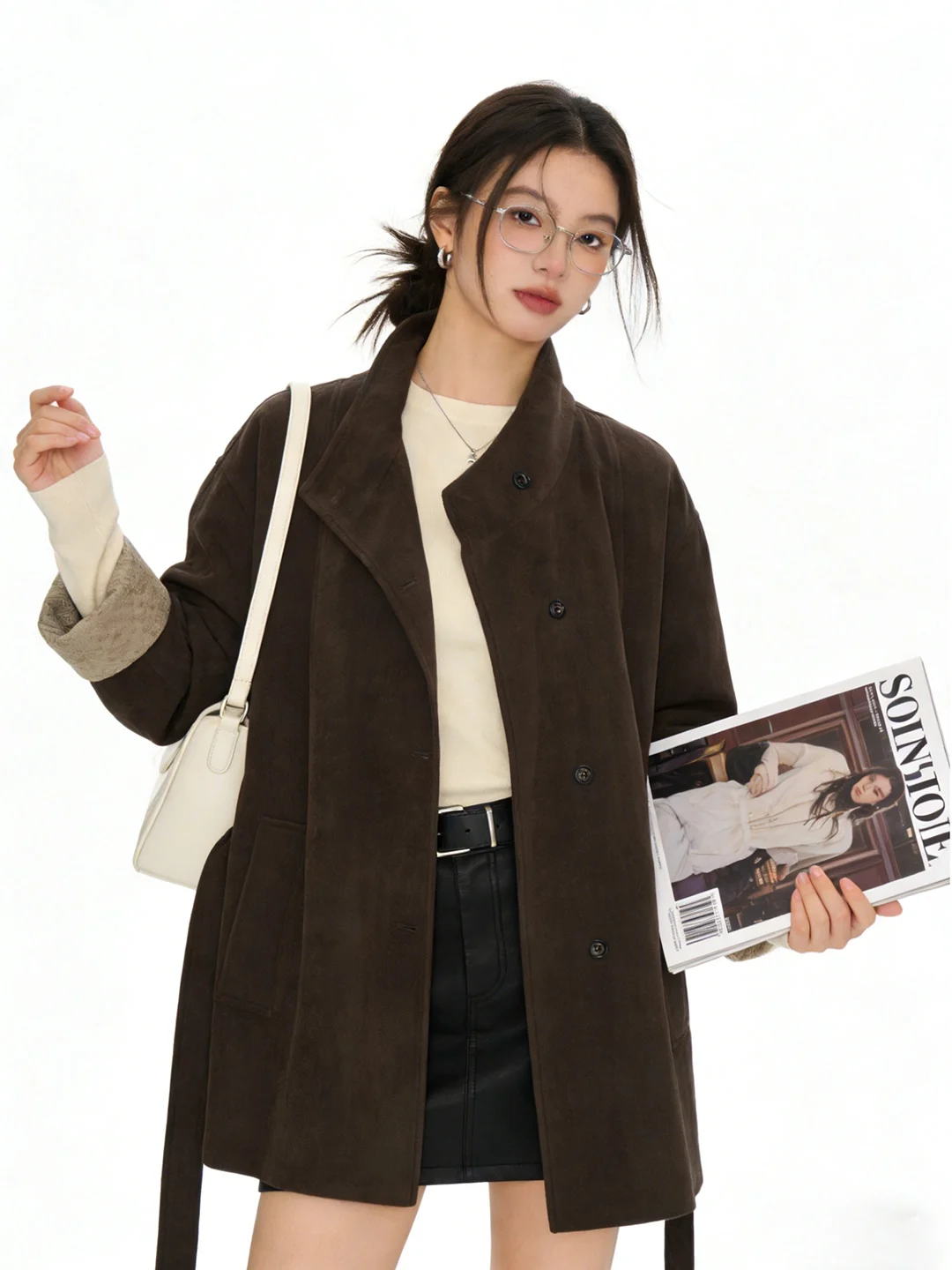 

Женское пальто из замши средней длины с эффектом похудения, винтажное, с поясом на талии, воротником-стойкой и свободным кроем рукавов