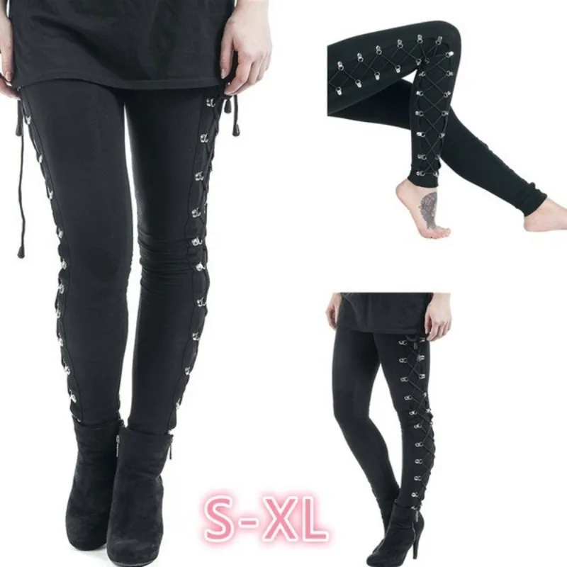 Gothic Street Style Leggings Women Skinny Black Pants High Waist Butt Liftting Fashion Lace Up Leggings Outdoor Walking Pants