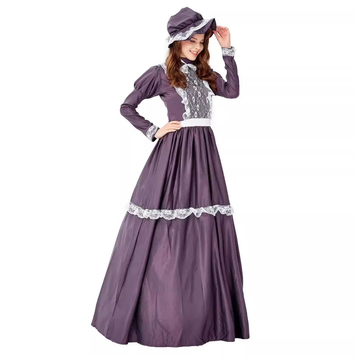 Purple Renaissance Dress with Aristocratic Hat Court Retro Dress Lace Lady Princess Queen Costume Long Victorian