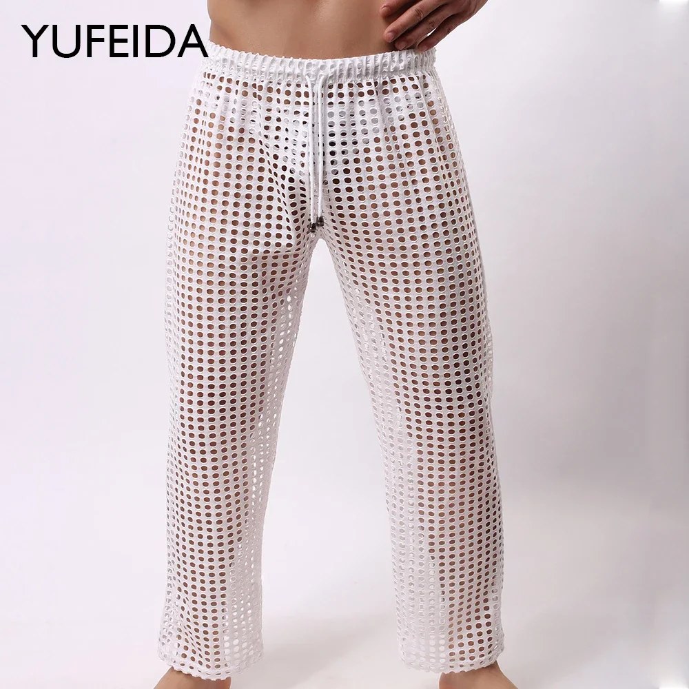 YUFEIDA Mens Pajamas Sexy Mesh See Through Long Pants Sleepwear Fishnet Hollow Out Fitness Trousers Sleep Bottoms Sexy Underwear