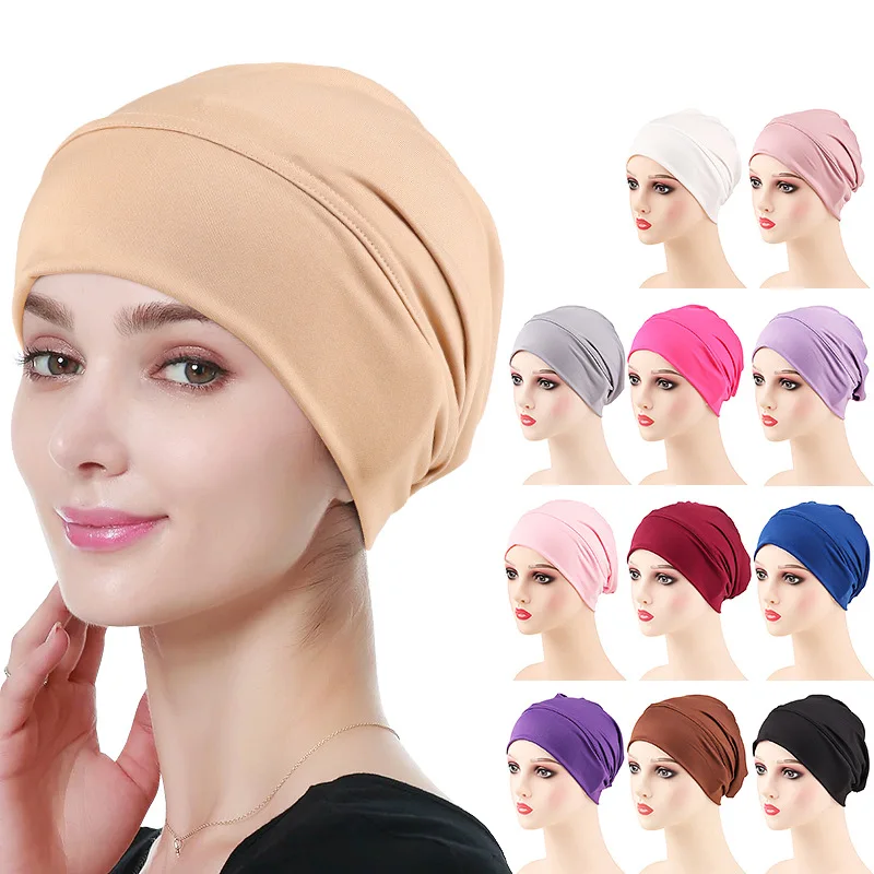 

Two-piece Elastic Ethnic Headgear, Solid Color Wide-brimmed Women's Brimless Headscarf Cap, Sleep Hair Care Cap