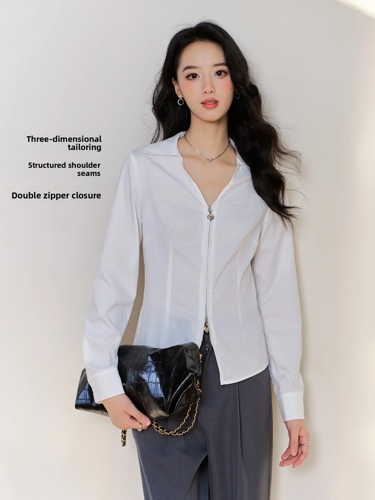 

Белый кардиган на молнии для девочек, женский, в корейском стиле, модный, дышащий, из полиэфирного волокна, с длинными рукавами, V-образным вырезом