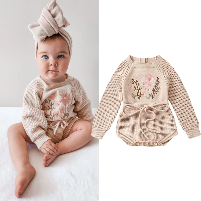 Baby Girls Knitted Long Sleeve Flowers Embroidery Autumn Winter Baby Clothes Jumpsuits