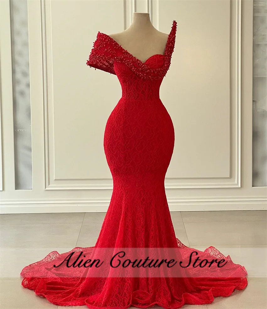 Luxury Red Lace Mermaid Evening Dress Bead Crystal Elegant Party Dress Woman 2024 Birthday Gown Wedding Reception Gown Customize